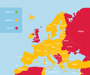 Carte européenne des restrictions à Malte selon le pays de résidence.