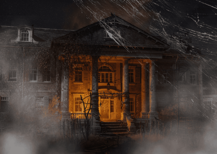Manoir hanté dans le brouillard avec lumière inquiétante